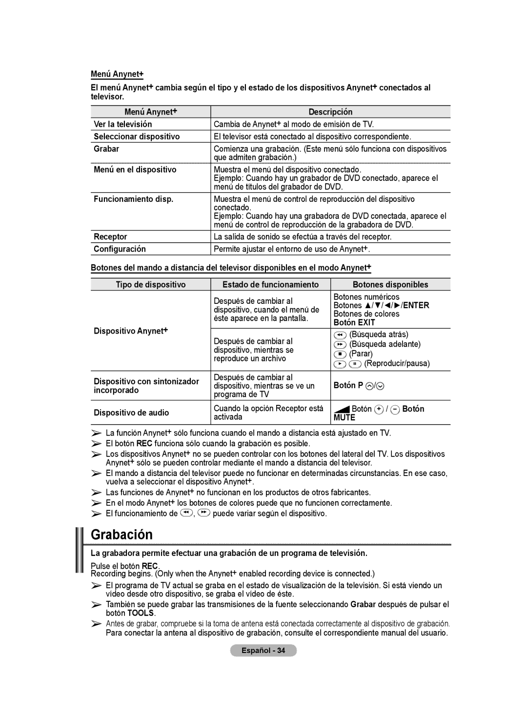 Samsung PS50A40 user manual Grabación 