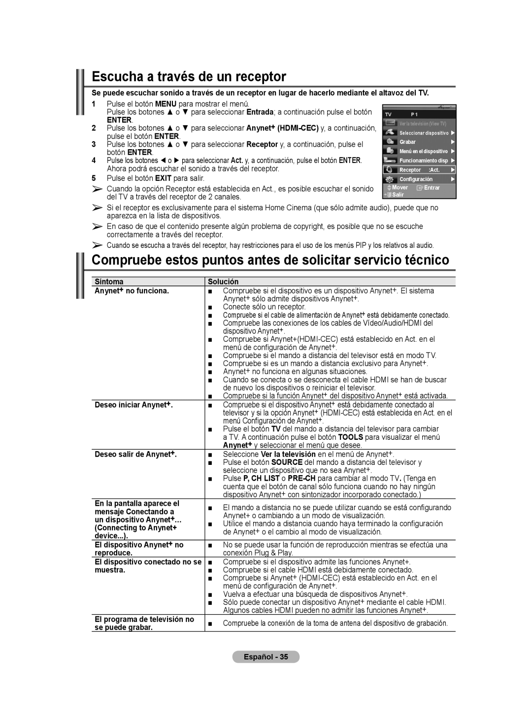 Samsung PS50A40 user manual Escucha a través de un receptor, Compruebe estos puntos antes de solicitar servicio técnico 