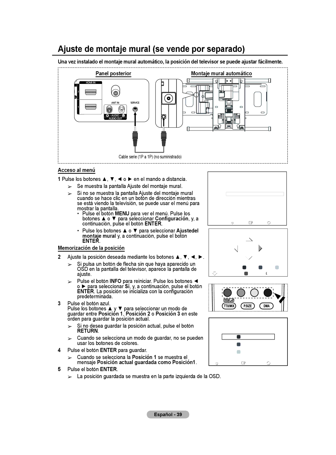 Samsung PS50A40 user manual Ajuste de montaje mural se vende por separado 