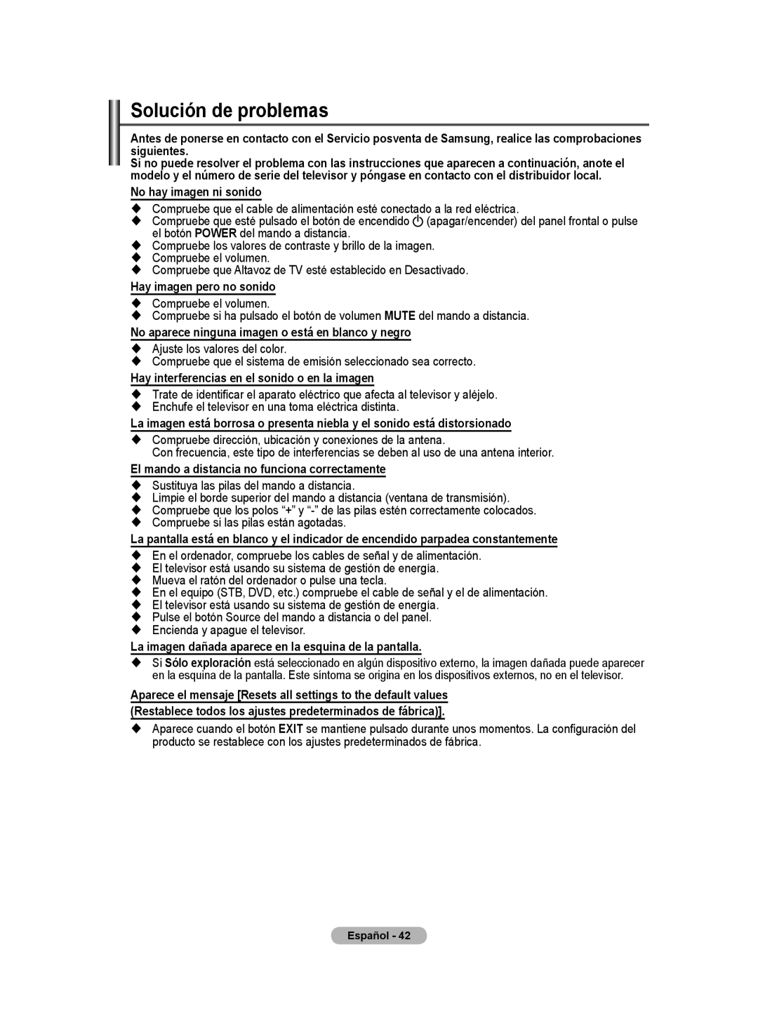 Samsung PS50A40 user manual Solución de problemas 