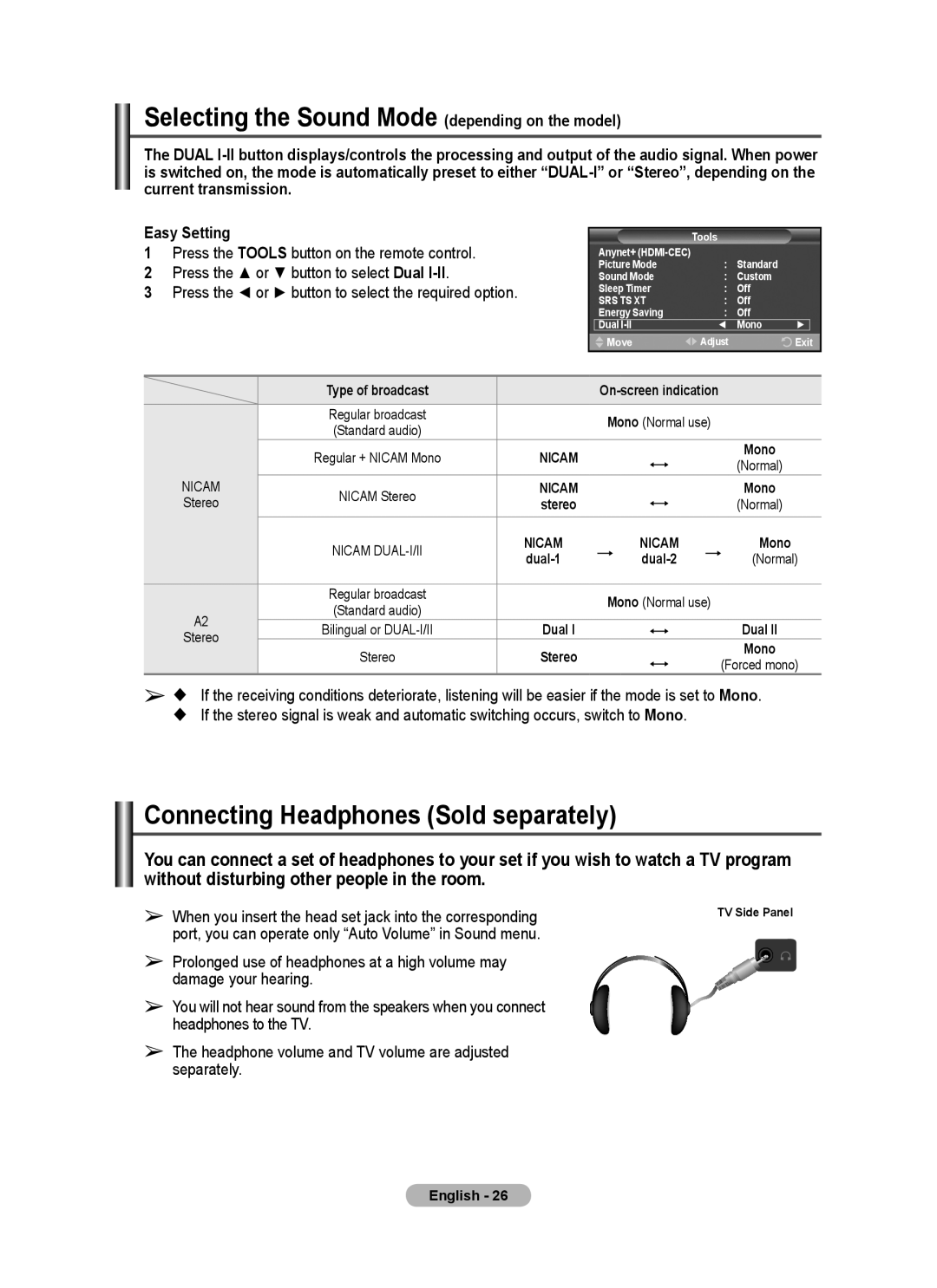 Samsung PS50A40 user manual Selecting the Sound Mode depending on the model, Connecting Headphones Sold separately, Dual-1 