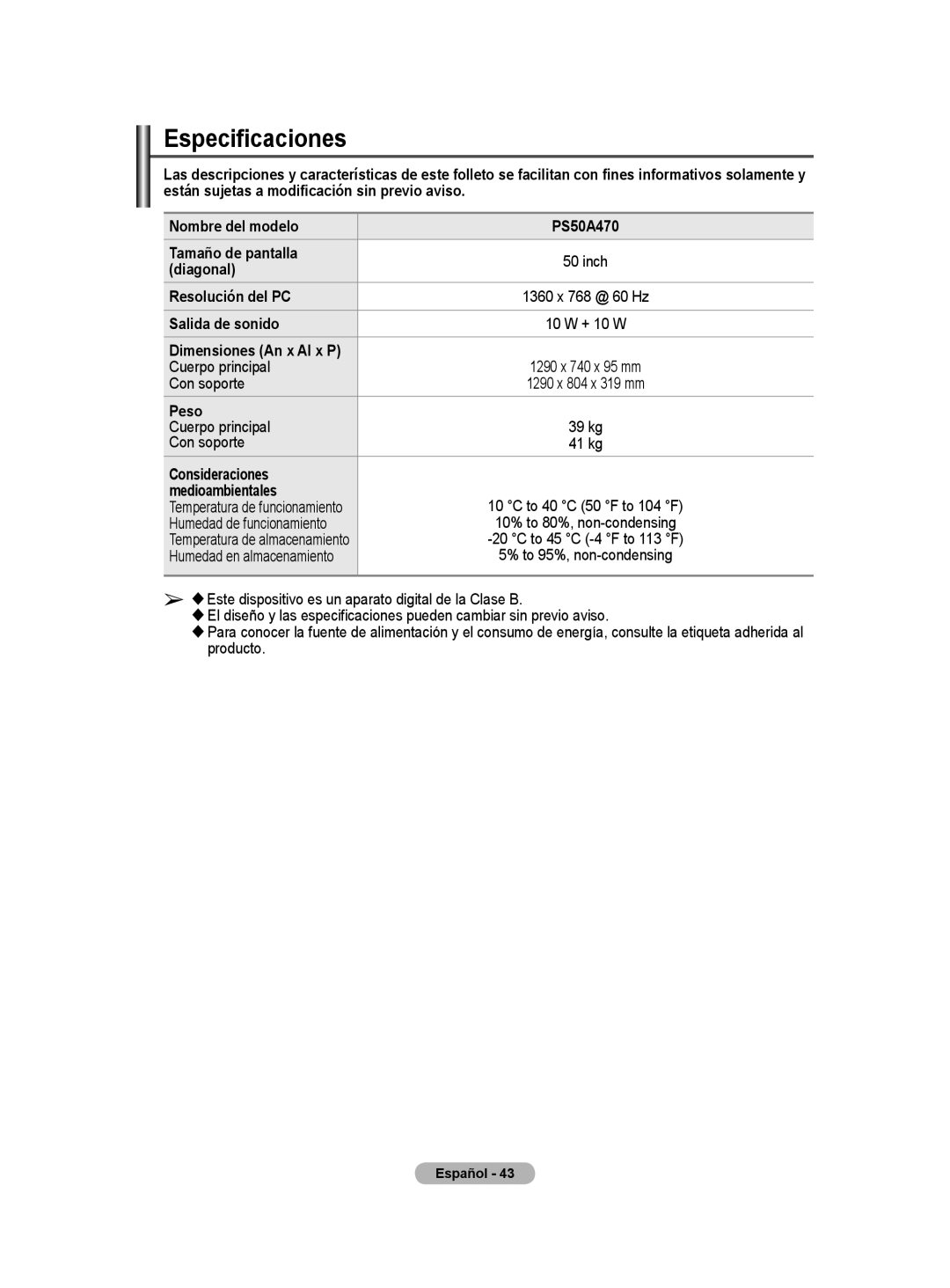 Samsung PS50A40 Especificaciones, Diagonal, Resolución del PC, Salida de sonido, Consideraciones Medioambientales 