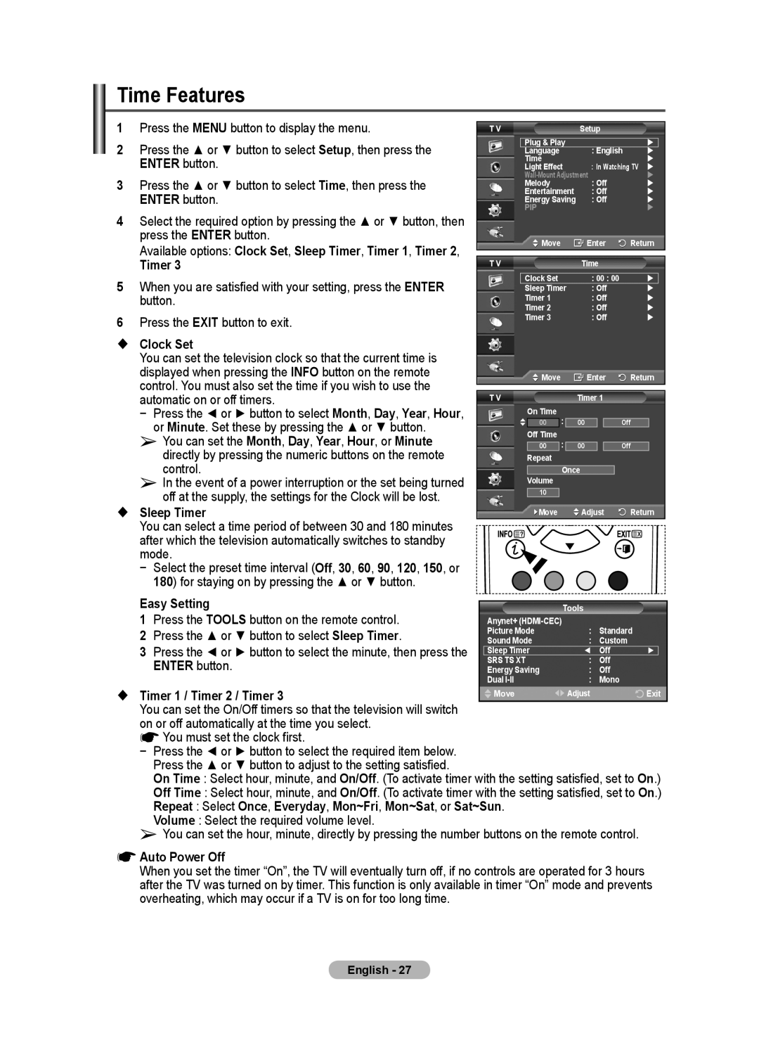 Samsung PS50A40 Time Features, Press the Tools button on the remote control, Press the or button to select Sleep Timer 