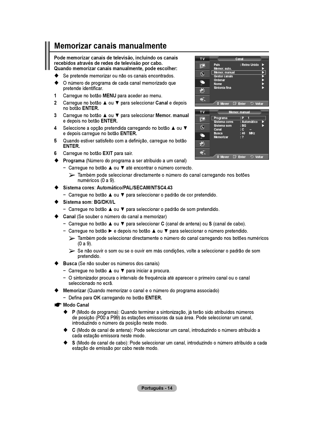 Samsung PS50A40 user manual Memorizar canais manualmente 