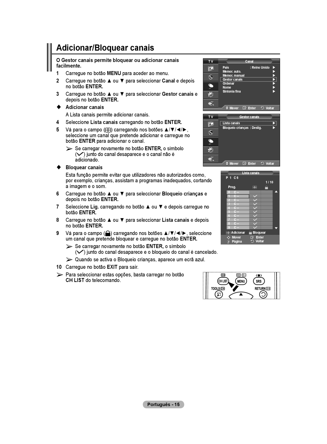 Samsung PS50A40 user manual Adicionar/Bloquear canais,  Adicionar canais, Adicionado,  Bloquear canais 