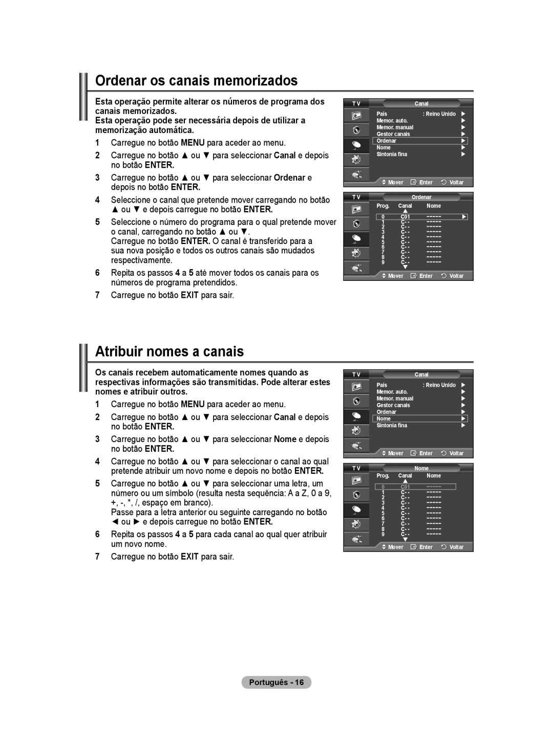 Samsung PS50A40 user manual Ordenar os canais memorizados, Atribuir nomes a canais 