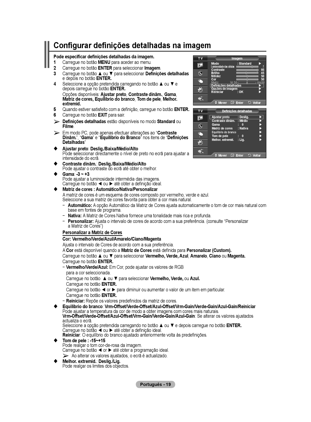 Samsung PS50A40 user manual Configurar definições detalhadas na imagem 