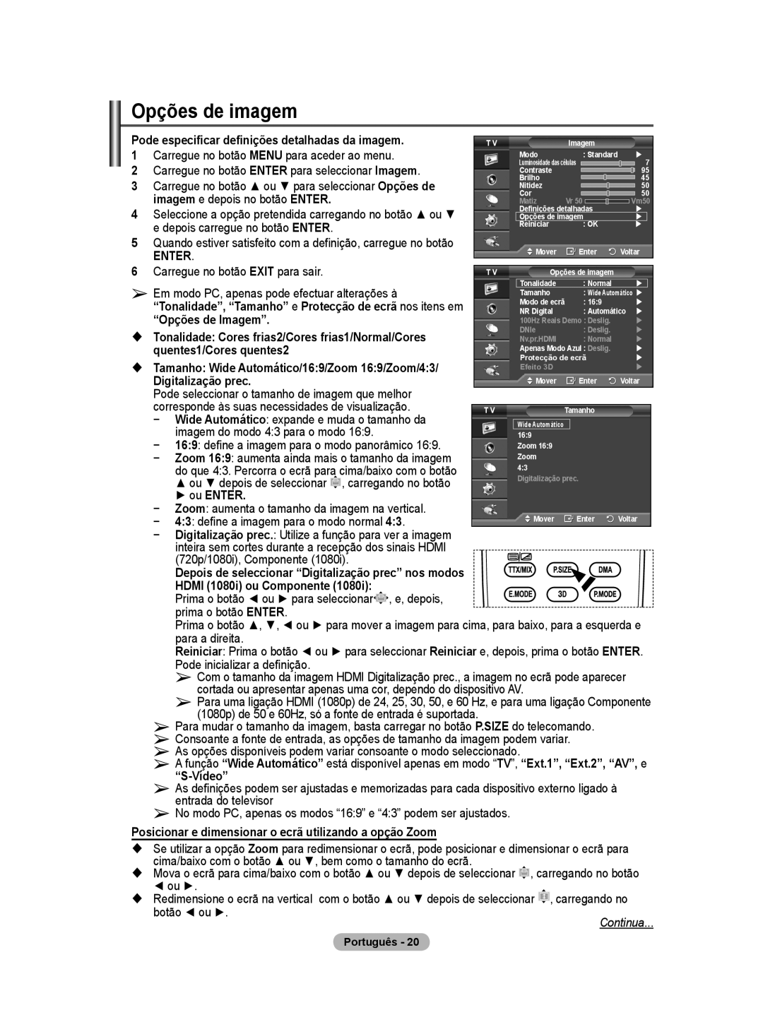 Samsung PS50A40 user manual Opções de imagem 