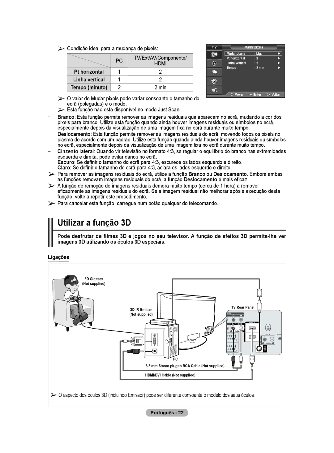 Samsung PS50A40 Utilizar a função D, Condição ideal para a mudança de pixels, TV/Ext/AV/Componente, Português  