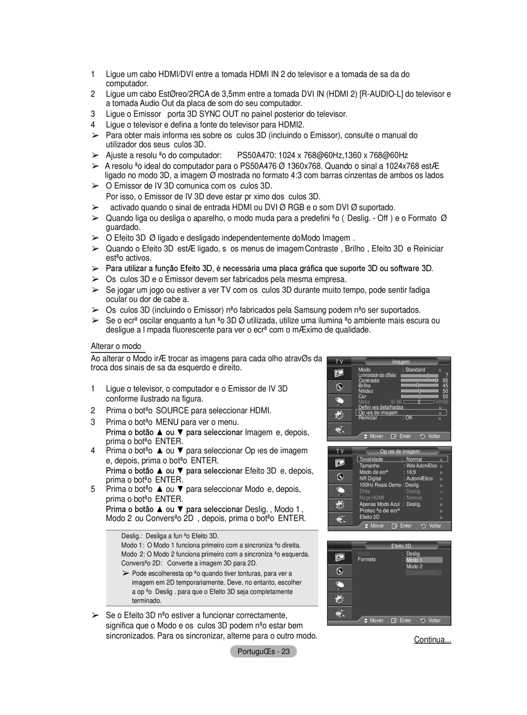 Samsung PS50A40 user manual Alterar o modo, Deslig. Desliga a função Efeito 3D 