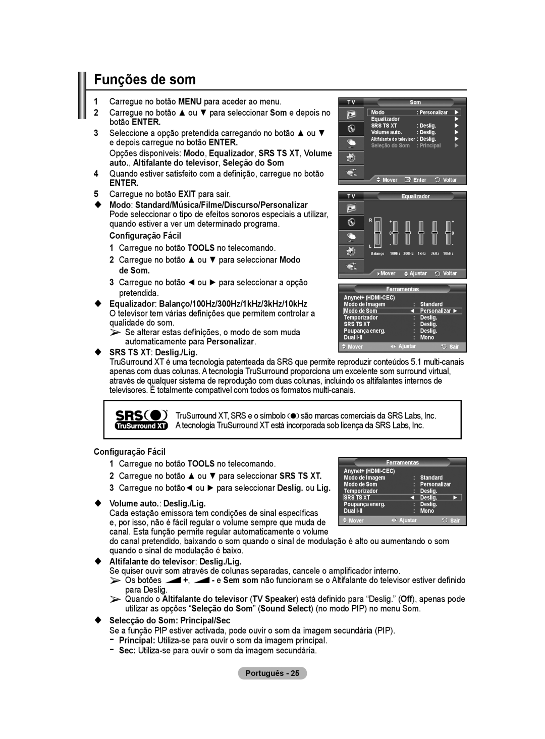 Samsung PS50A40 user manual Funções de som 