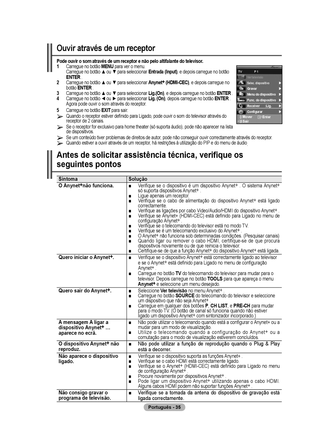 Samsung PS50A40 user manual Ouvir através de um receptor 