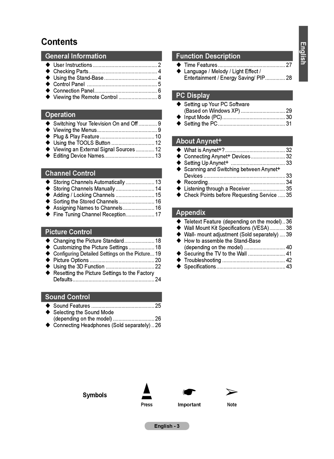 Samsung PS50A40 user manual Contents 