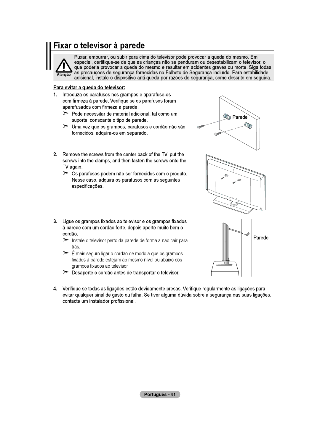 Samsung PS50A40 Fixar o televisor à parede, Para evitar a queda do televisor, Suporte, consoante o tipo de parede, Trás 