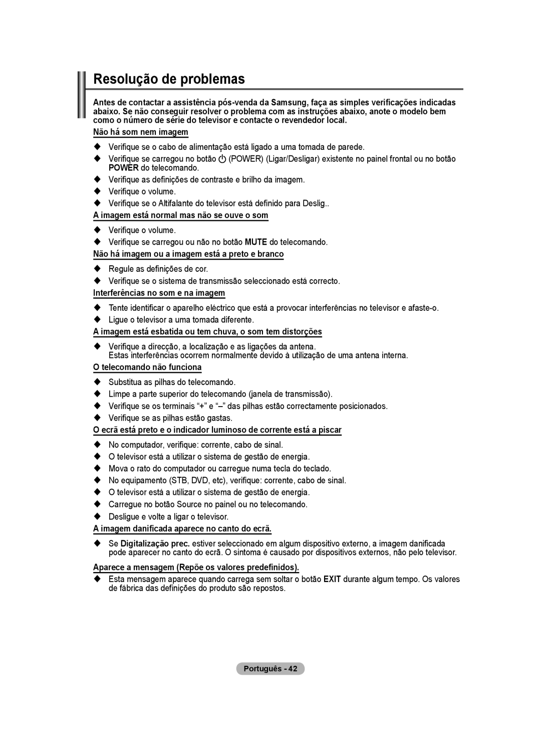 Samsung PS50A40 user manual Resolução de problemas 