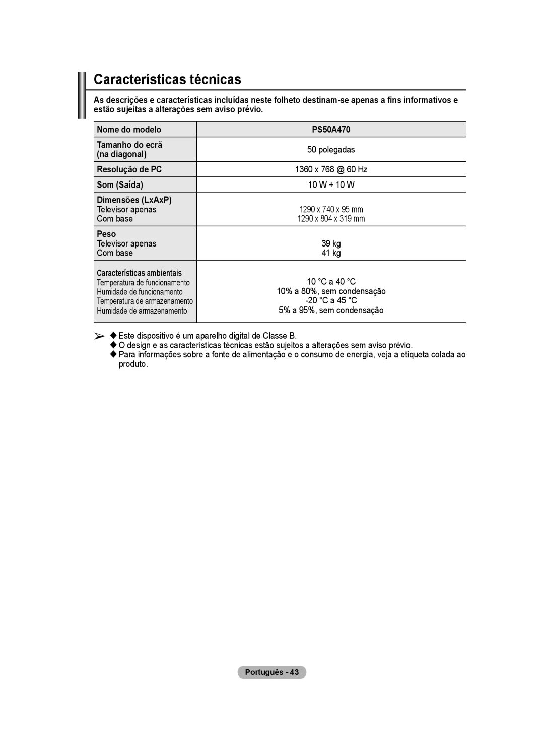 Samsung PS50A40 user manual Características técnicas, Na diagonal, Resolução de PC, Som Saída, Dimensões LxAxP 