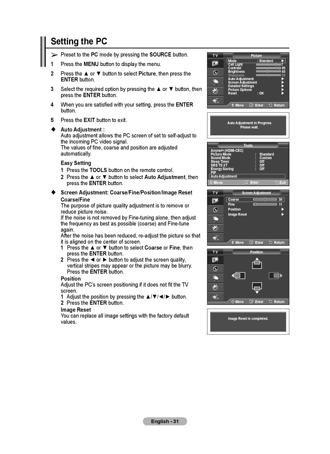 Samsung PS50A40 user manual Setting the PC,  Auto Adjustment, Coarse/Fine, Position, Image Reset 