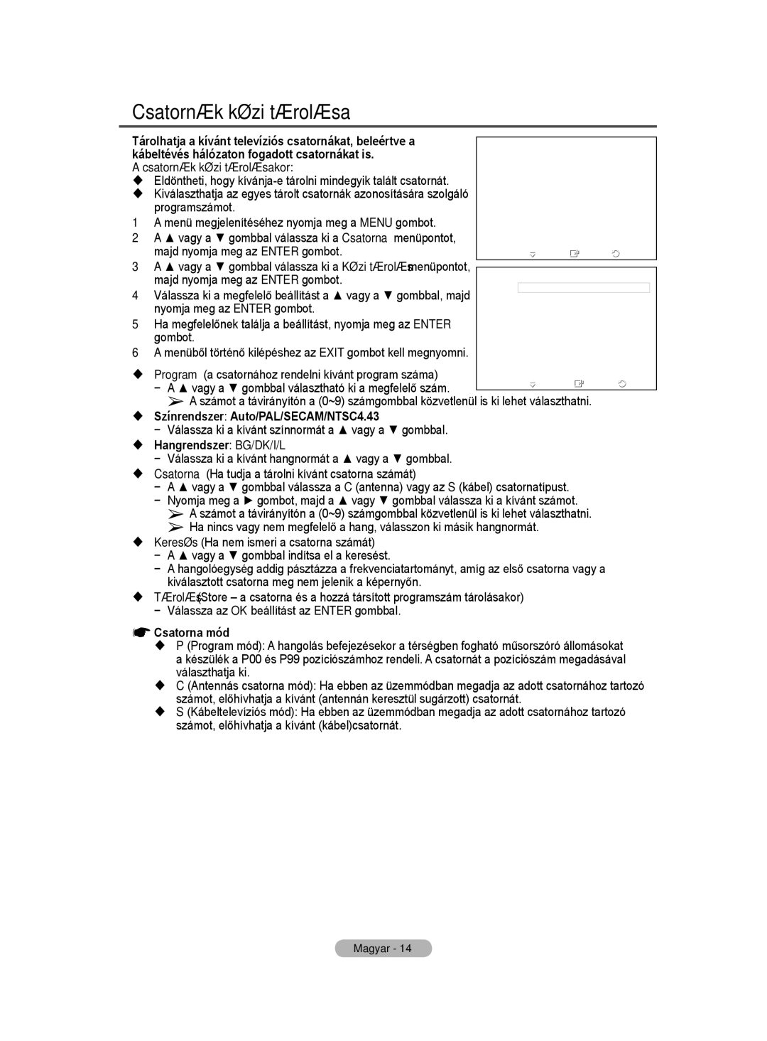 Samsung PS50A40 user manual Csatornák kézi tárolása 