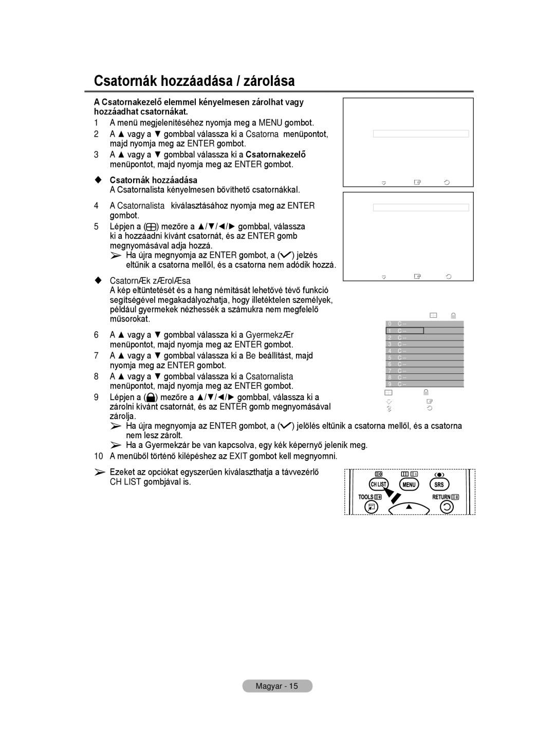 Samsung PS50A40 user manual Csatornák hozzáadása / zárolása 