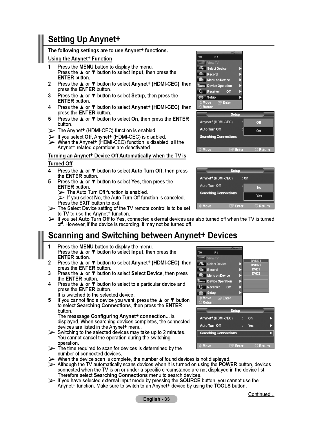 Samsung PS50A40 user manual Setting Up Anynet+, Scanning and Switching between Anynet+ Devices, Turned Off 