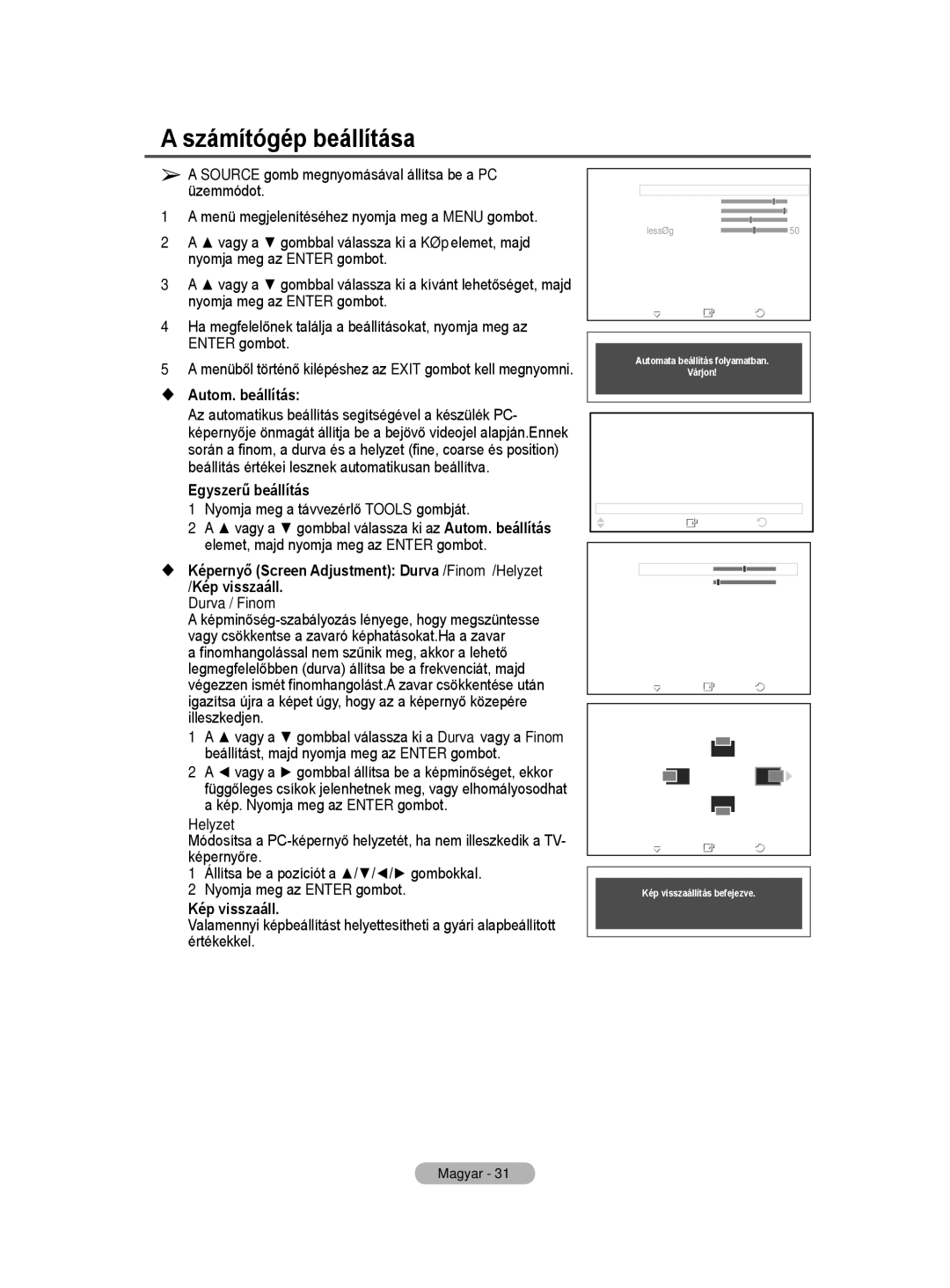 Samsung PS50A40 user manual Számítógép beállítása,  Autom. beállítás, Helyzet, Kép visszaáll 