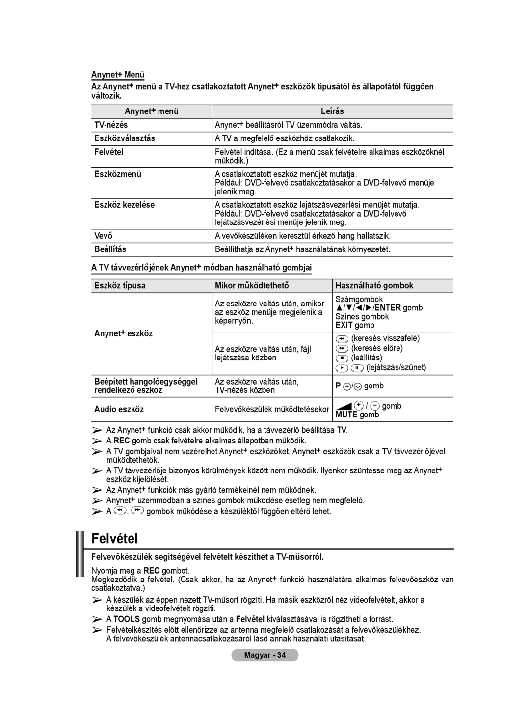 Samsung PS50A40 user manual Felvétel 