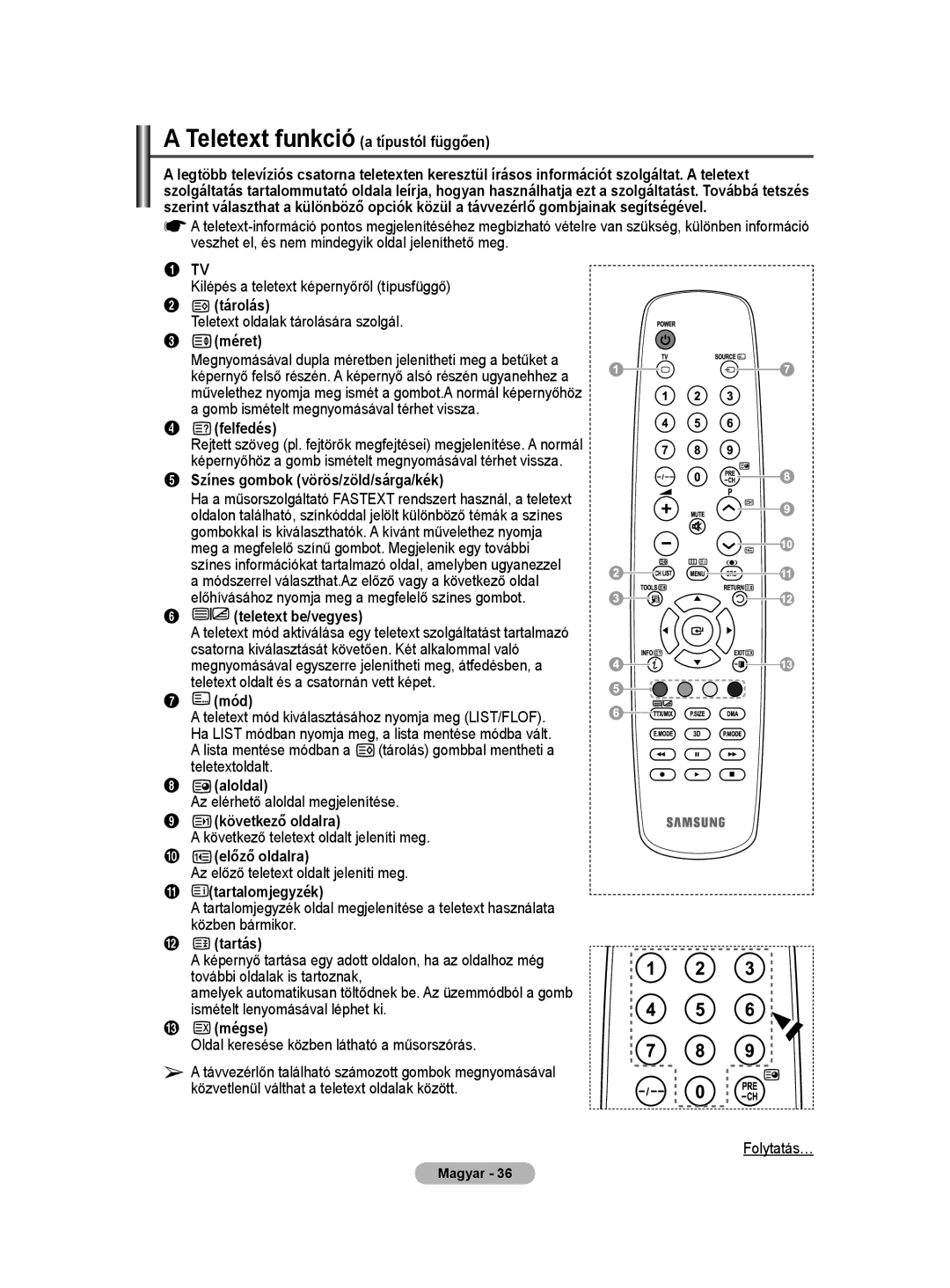 Samsung PS50A40 Teletext funkció a típustól függően, Tárolás, Méret, Felfedés, Színes gombok vörös/zöld/sárga/kék, Mód 