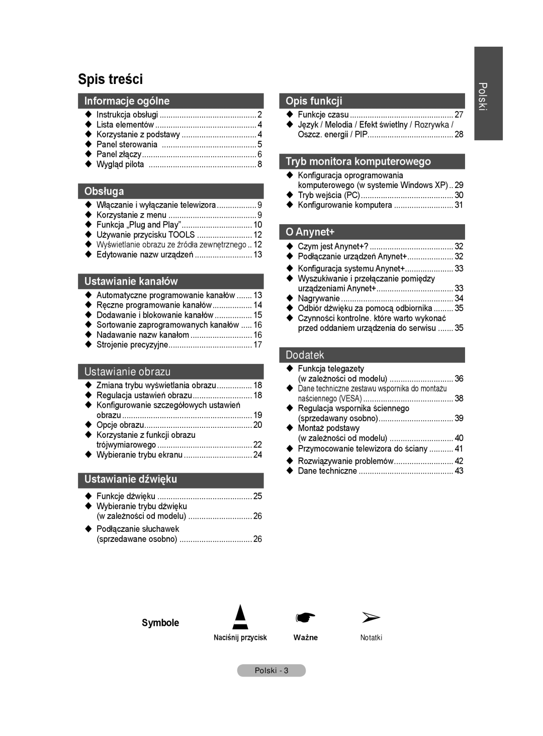 Samsung PS50A40 user manual Spis treści, Ustawianie dźwięku 