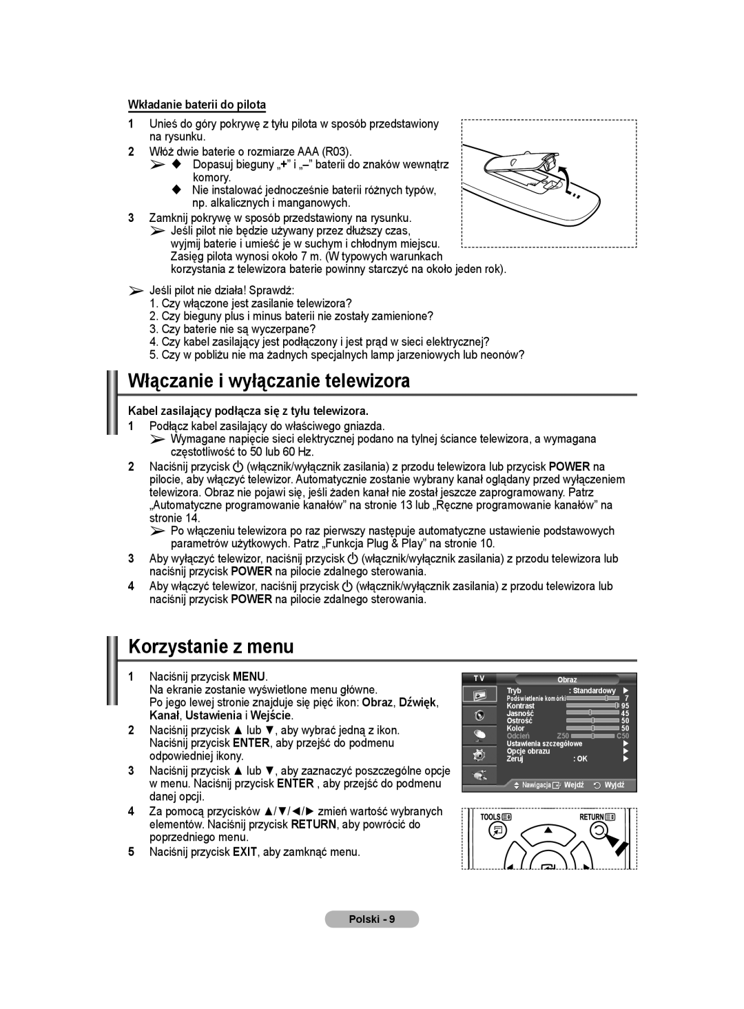 Samsung PS50A40 user manual Włączanie i wyłączanie telewizora, Korzystanie z menu, Wkładanie baterii do pilota 