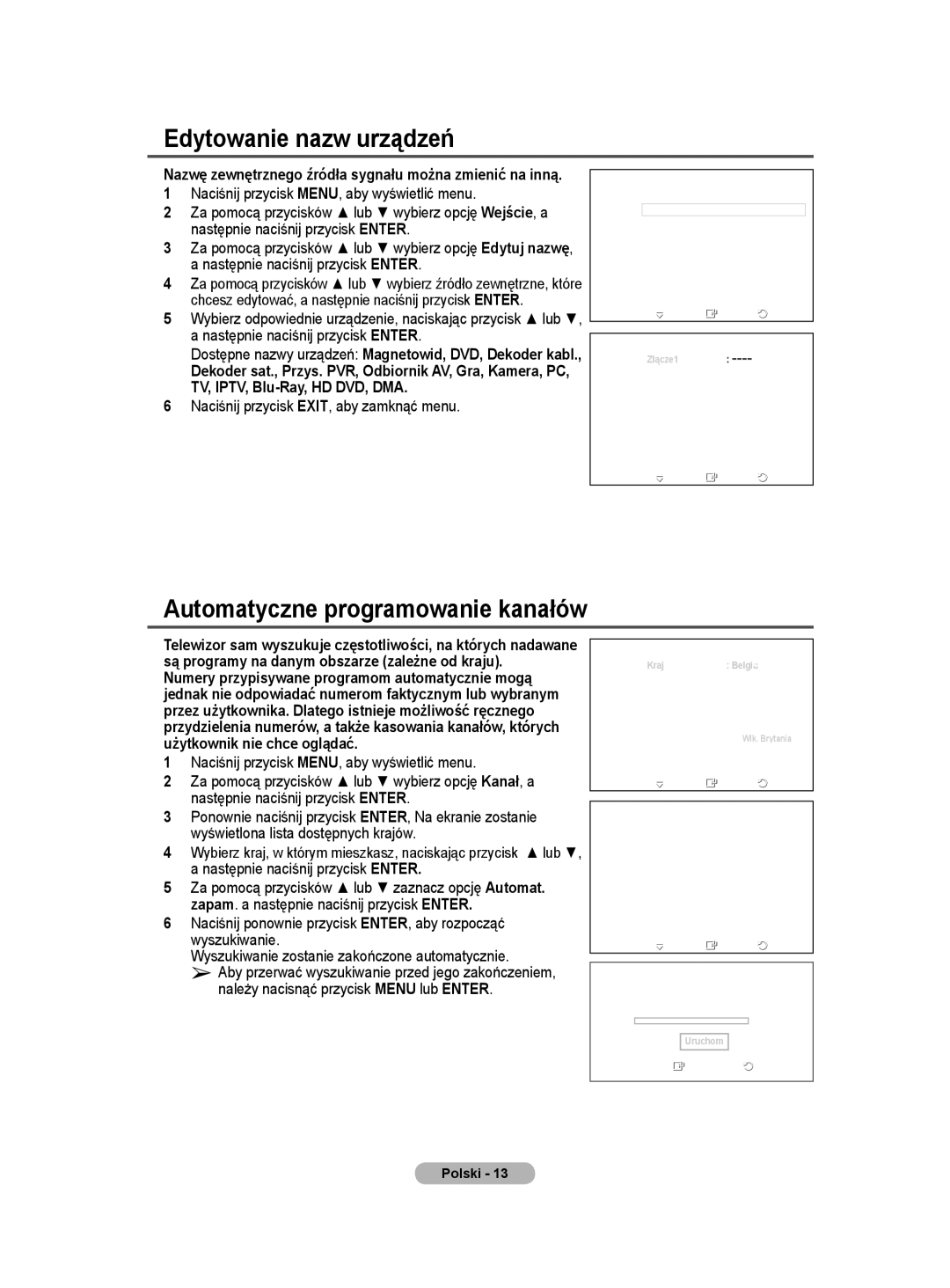 Samsung PS50A40 user manual Edytowanie nazw urządzeń, Automatyczne programowanie kanałów 