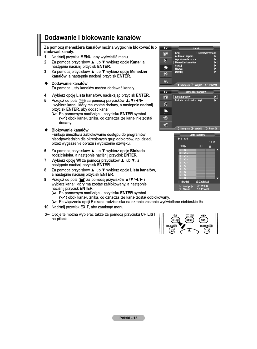 Samsung PS50A40 user manual Dodawanie i blokowanie kanałów, Wybierz kanał, który ma zostać zablokowany, a następnie 