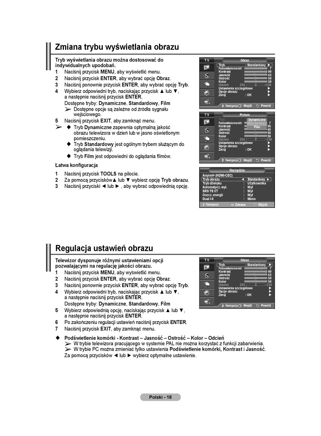 Samsung PS50A40 user manual Zmiana trybu wyświetlania obrazu, Regulacja ustawień obrazu 