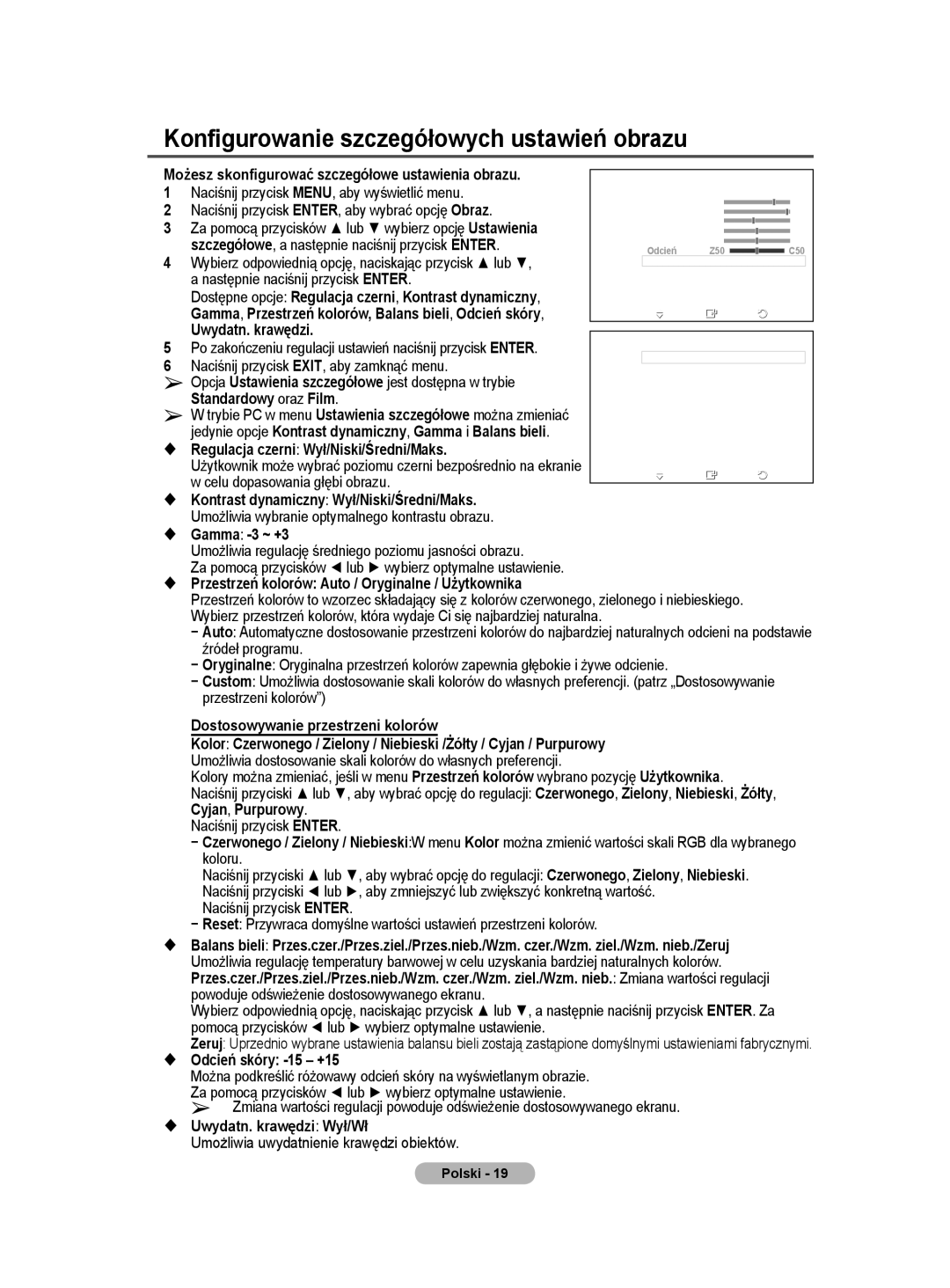 Samsung PS50A40 user manual Konfigurowanie szczegółowych ustawień obrazu, Szczegółowe, a następnie naciśnij przycisk Enter 