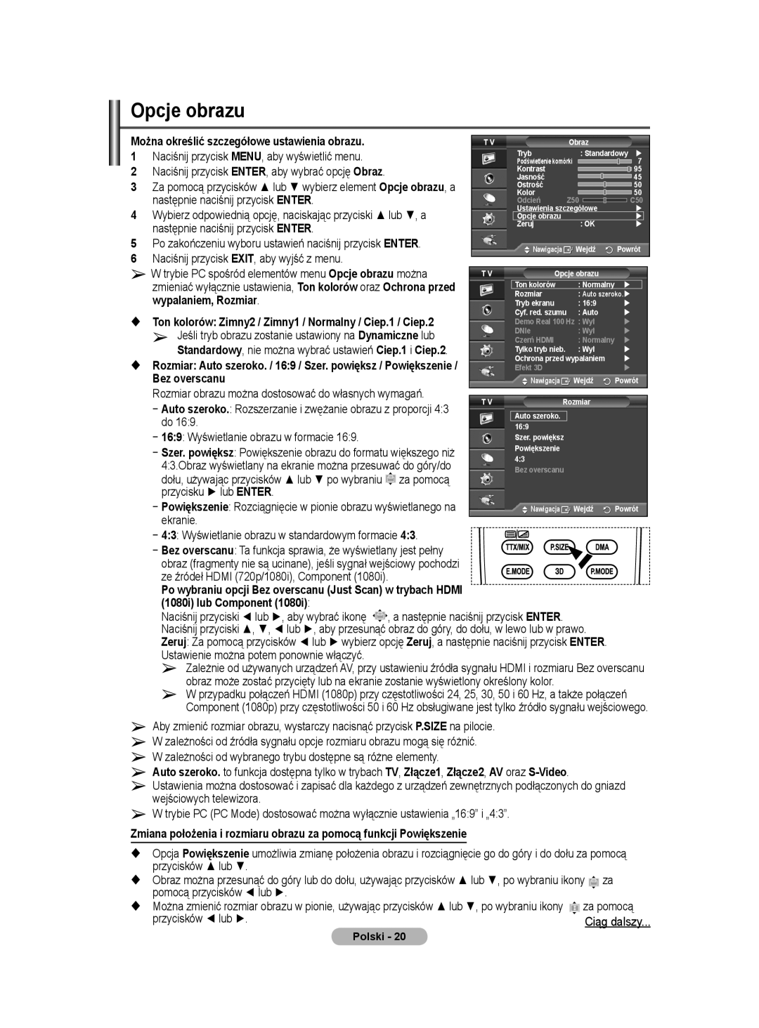 Samsung PS50A40 user manual Opcje obrazu 