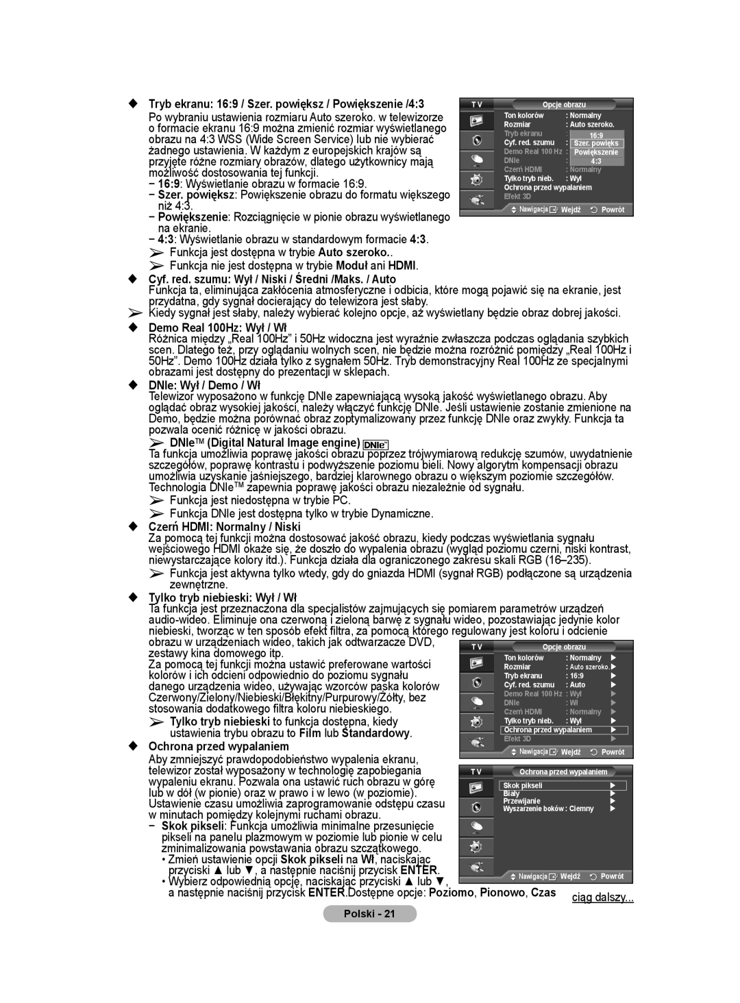 Samsung PS50A40 user manual Możliwość dostosowania tej funkcji, 169 Wyświetlanie obrazu w formacie, Niż, Na ekranie 