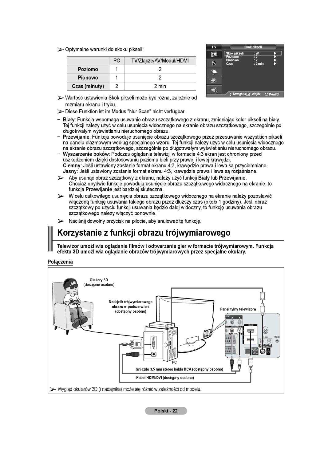 Samsung PS50A40 Korzystanie z funkcji obrazu trójwymiarowego, Optymalne warunki do skoku pikseli TV/Złącze/AV/Moduł/HDMI 