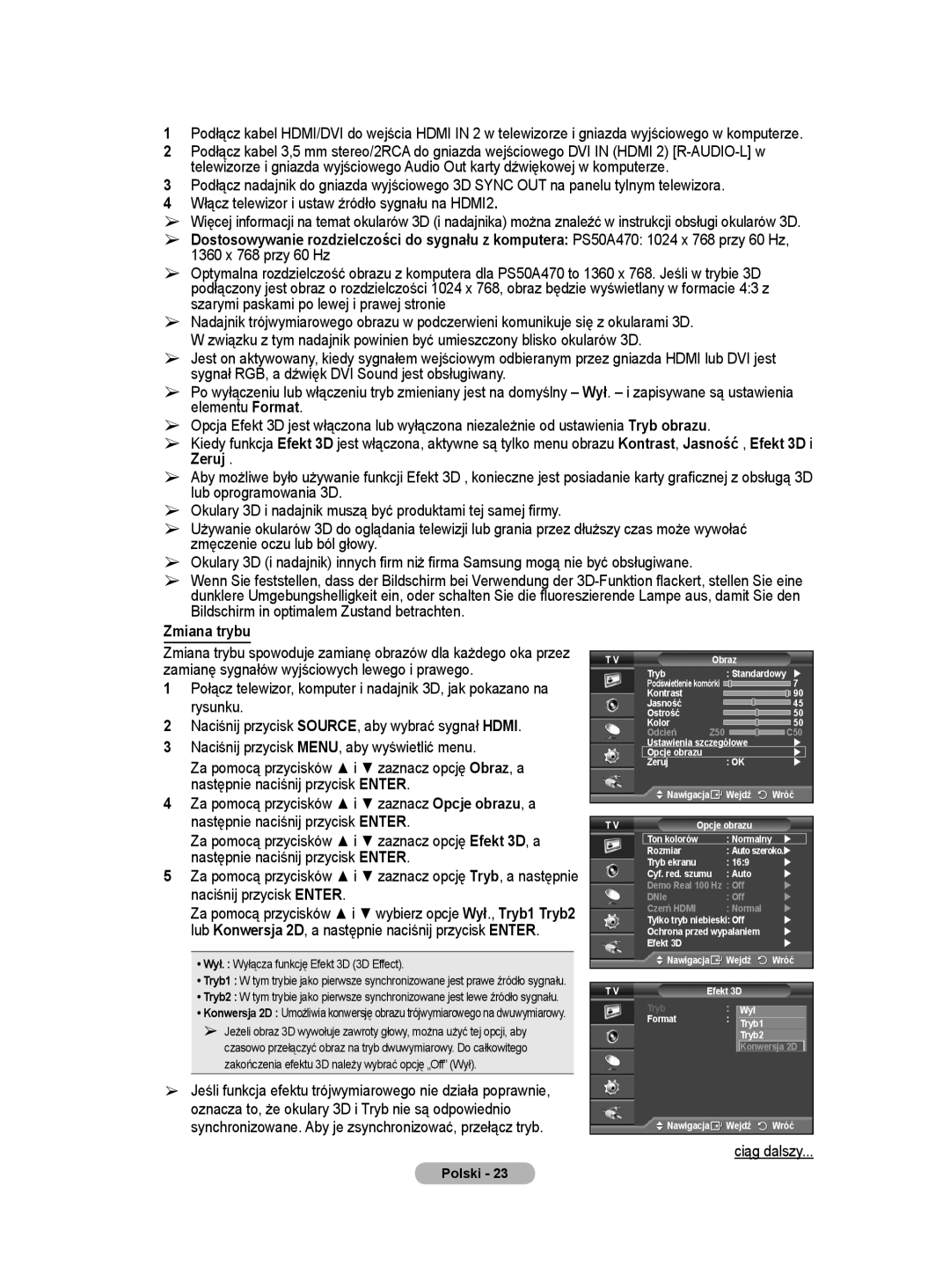 Samsung PS50A40 user manual Zmiana trybu 