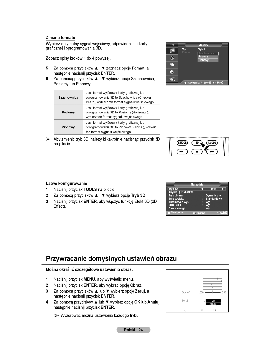 Samsung PS50A40 user manual Przywracanie domyślnych ustawień obrazu, Zmiana formatu, Łatwe konfigurowanie, Szachownica 