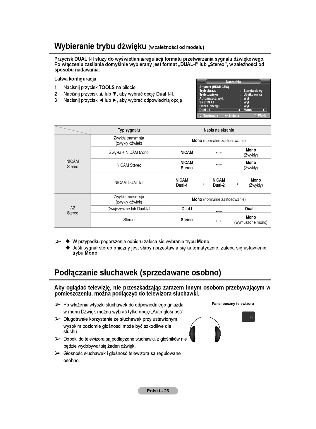 Samsung PS50A40 user manual Wybieranie trybu dźwięku w zależności od modelu, Podłączanie słuchawek sprzedawane osobno 