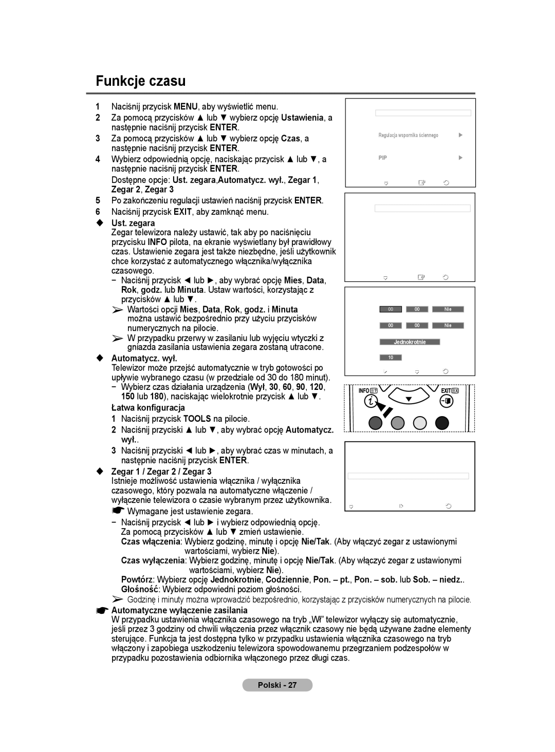 Samsung PS50A40 Funkcje czasu, Wył,  Zegar 1 / Zegar 2 / Zegar, Istnieje możliwość ustawienia włącznika / wyłącznika 