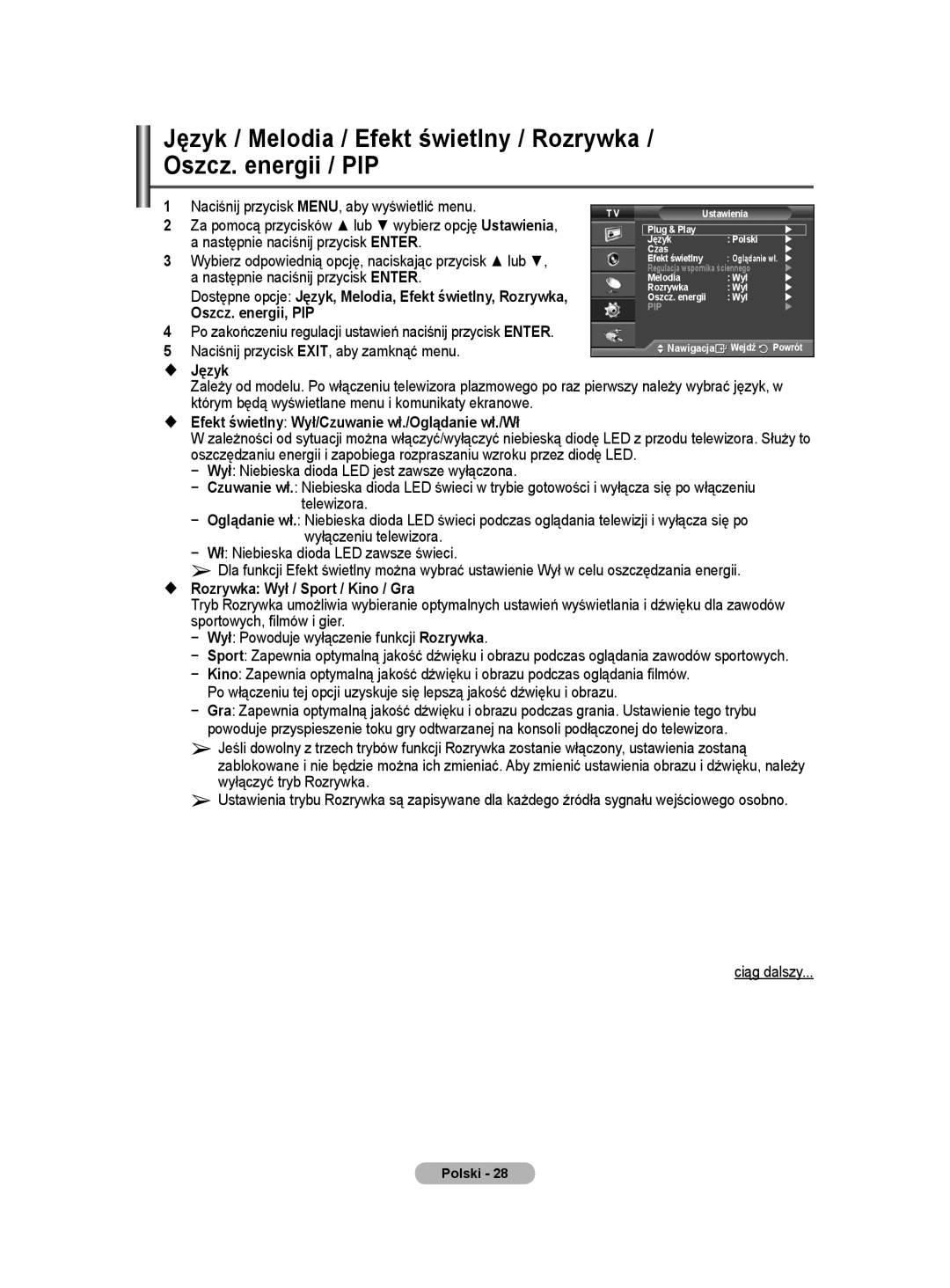 Samsung PS50A40 user manual Oszcz. energii, PIP,  Język,  Efekt świetlny Wył/Czuwanie wł./Oglądanie wł./Wł 