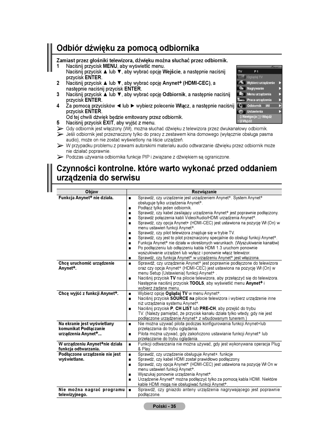 Samsung PS50A40 user manual Odbiór dźwięku za pomocą odbiornika, Przycisk Enter, Następnie naciśnij przycisk Enter 