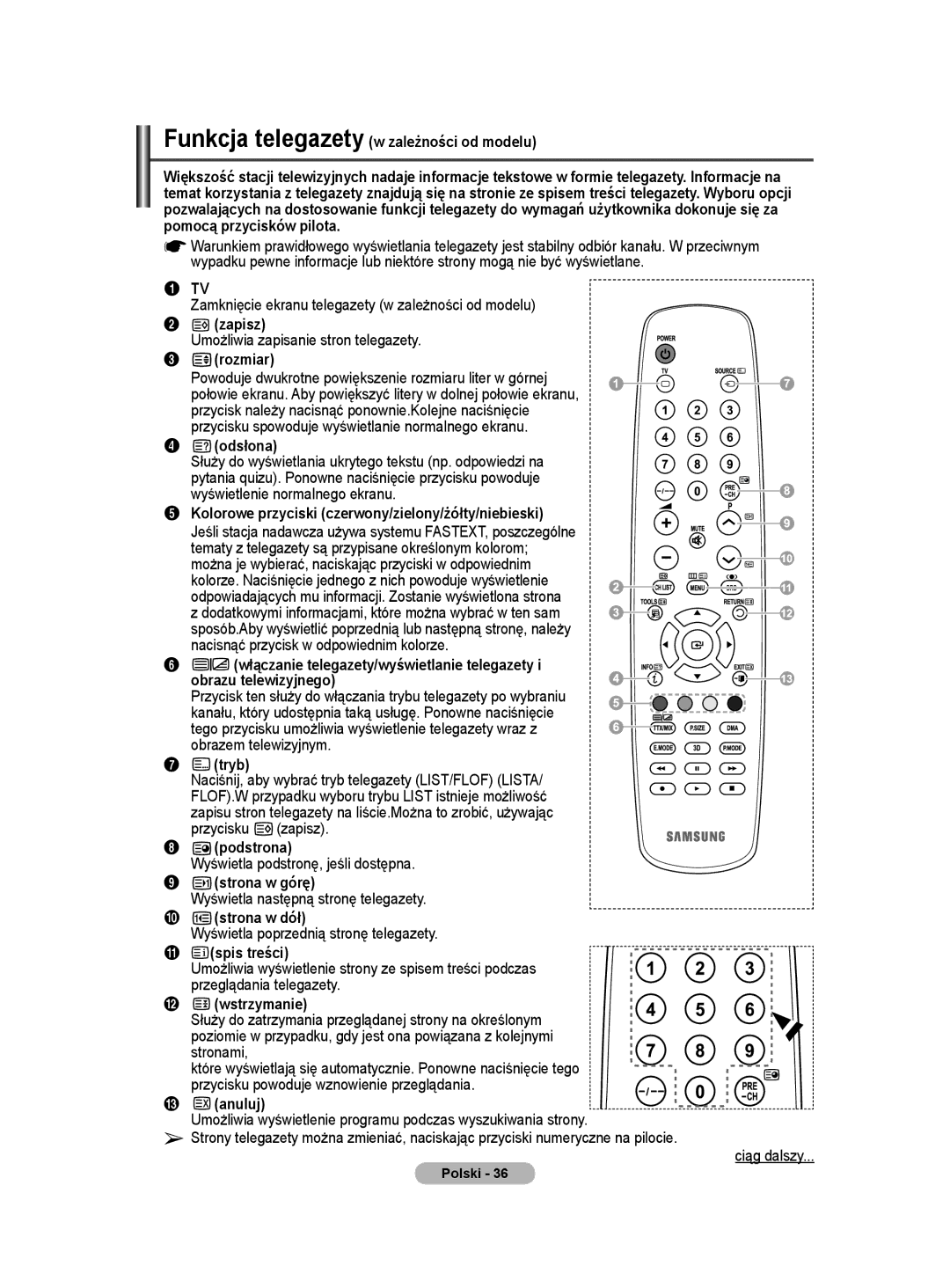 Samsung PS50A40 Funkcja telegazety w zależności od modelu, Zapisz, Rozmiar, Odsłona, Tryb, Podstrona, Strona w górę 