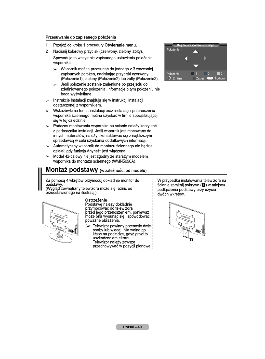 Samsung PS50A40 user manual Przesuwanie do zapisanego położenia, Montaż podstawy w zależności od modelu, Ostrzeżenie 