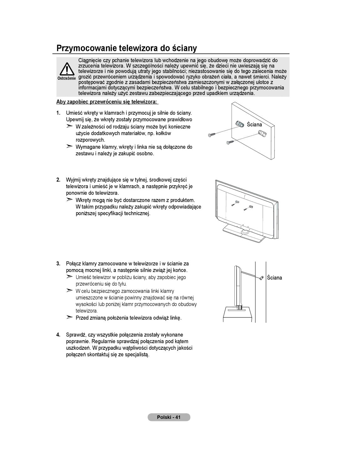 Samsung PS50A40 user manual Przymocowanie telewizora do ściany, Aby zapobiec przewróceniu się telewizora, Ściana 