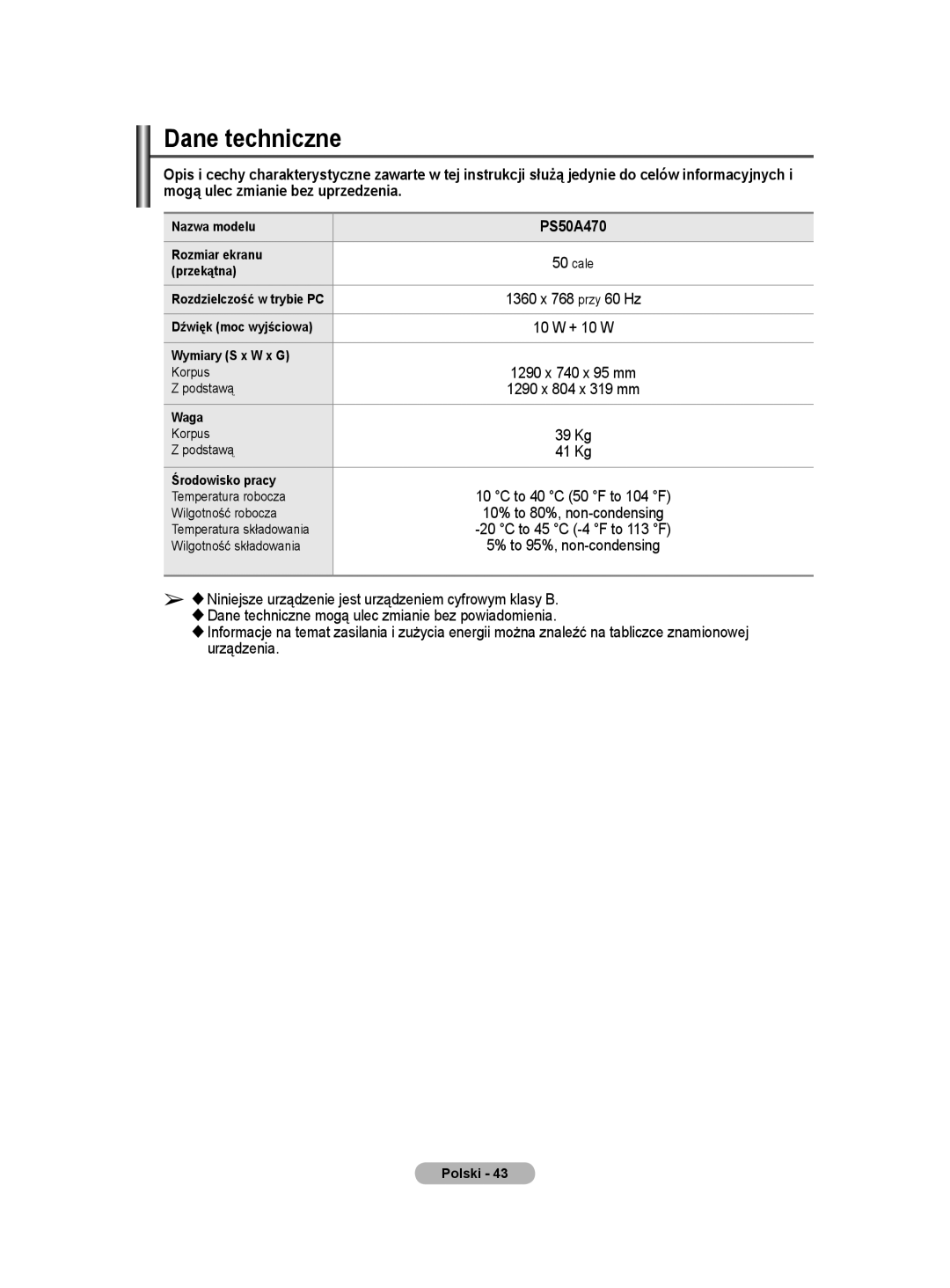 Samsung PS50A40 user manual Dane techniczne 