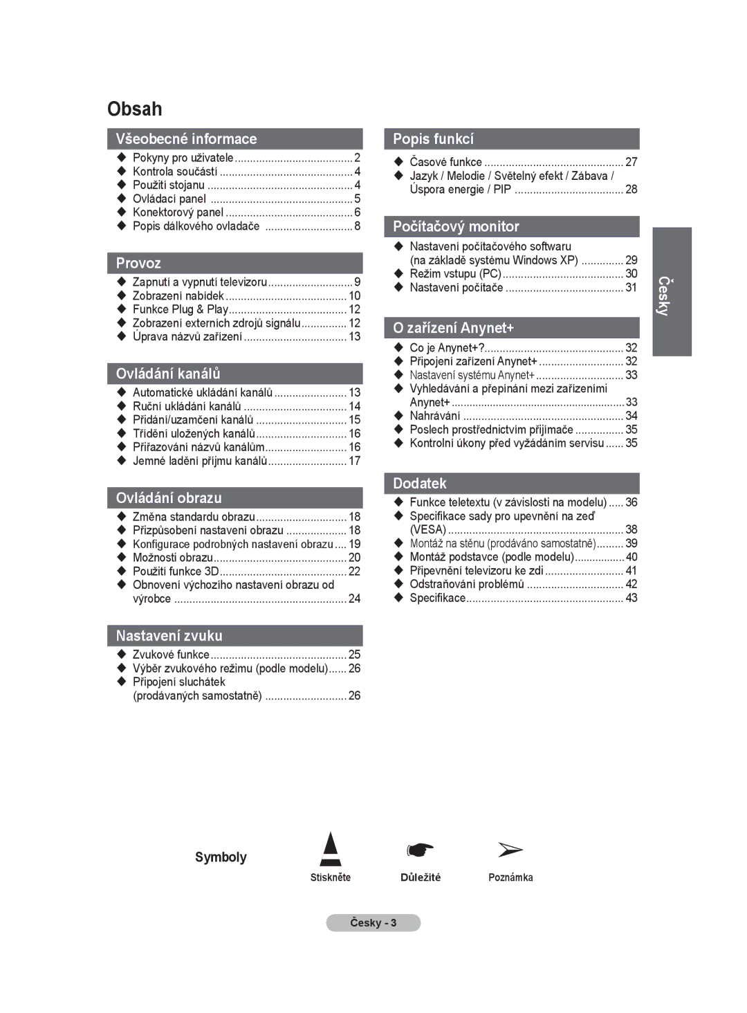 Samsung PS50A40 user manual Obsah 