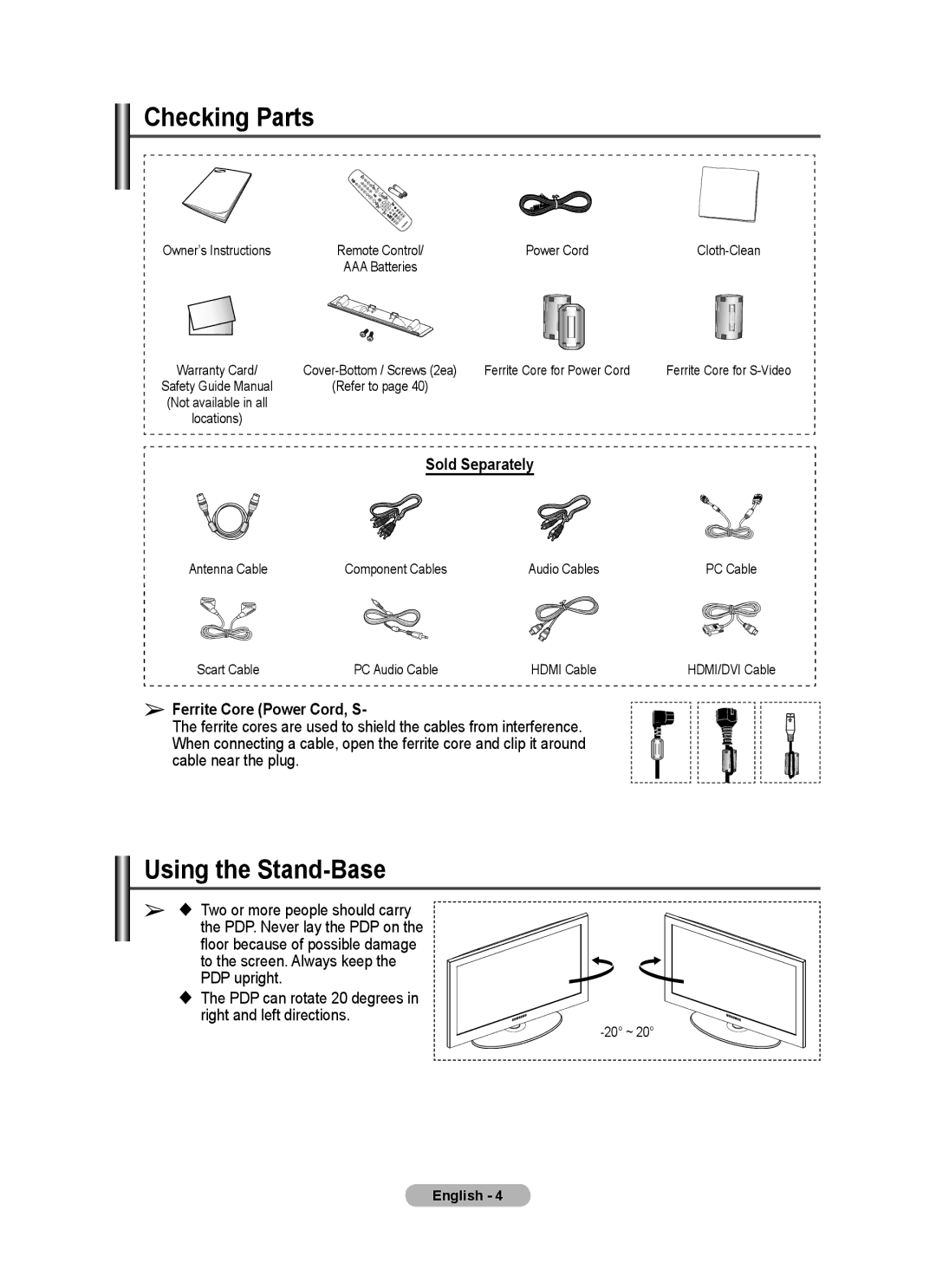 Samsung PS50A40 user manual Checking Parts, Using the Stand-Base, Sold Separately, Ferrite Core Power Cord, S 