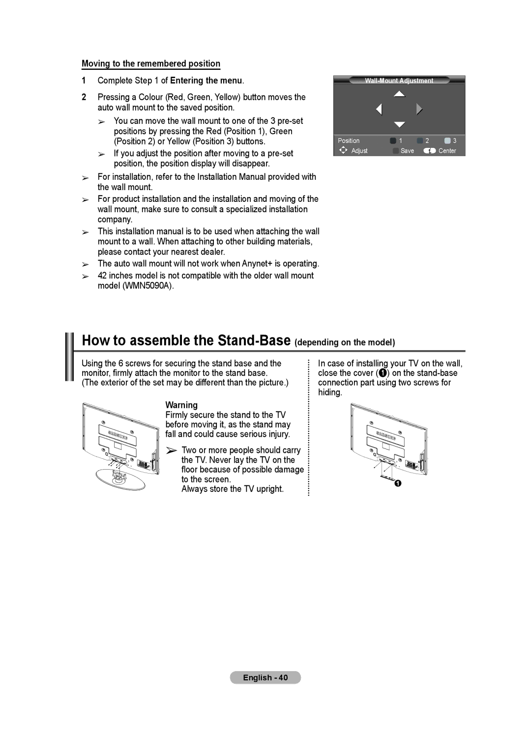 Samsung PS50A40 user manual How to assemble the Stand-Base depending on the model, Moving to the remembered position 