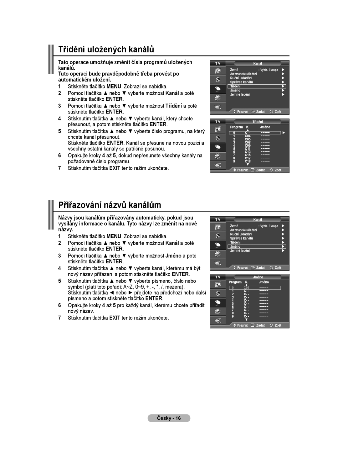 Samsung PS50A40 user manual Třídění uložených kanálů, Přiřazování názvů kanálům 